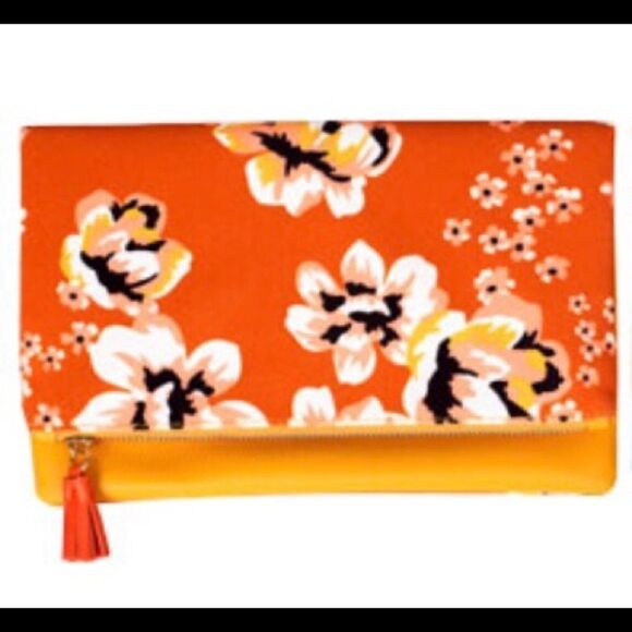 👛NIB Rachel Pally Reversible orange floral and mustard Clutch - Picture 1 of 6